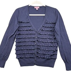 Lilly Pulitzer Ruffle Cardigan Sweater Womens Medium Button Front Navy Blue
